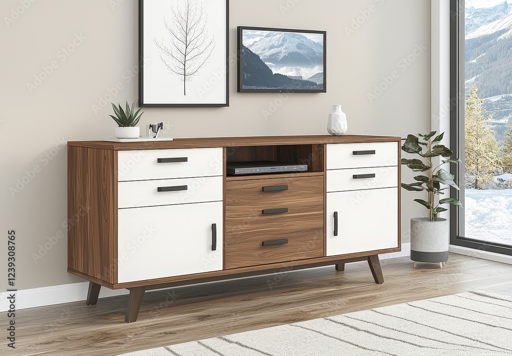 Fototapeta premium Modern Wooden Cabinet with Stylish Design and Serene Mountain View