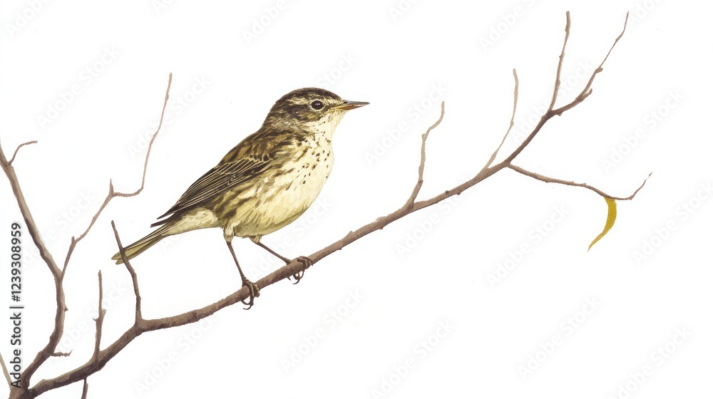 Fototapeta premium Small bird perched on branch, autumnal background, nature illustration