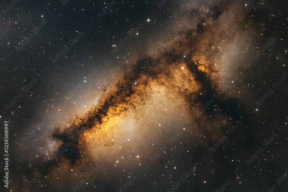 Fototapeta premium Stunning view of a spiral galaxy featuring bright stars and dark dust lanes