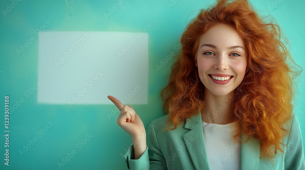 Naklejka premium Young woman with vibrant red hair smiles while pointing at blank space