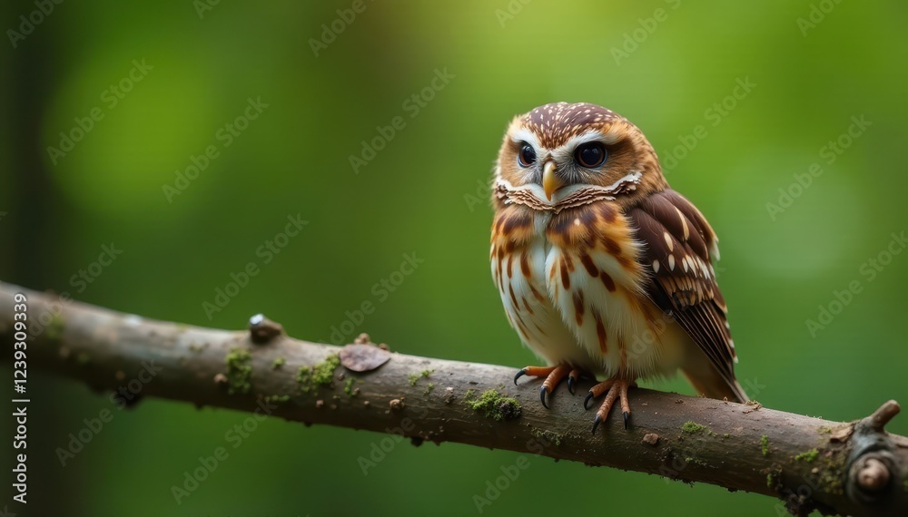 Fototapeta premium Tiny Eurasian pygmy owl perched on a weathered branch , detail, predator, bird