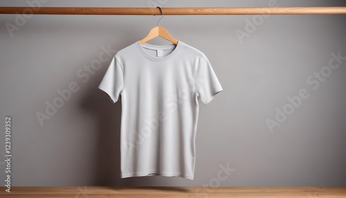 Plain white t-shirt hanging on a wooden hanger against a grey background.