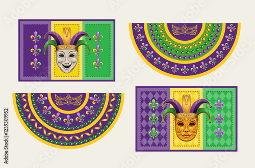 Set of Mardi Gras banners, flags, bunting with jester masks, harlequin ornament, beads, Fleur de Lis symbol. Traditional holiday colors. Vintage style