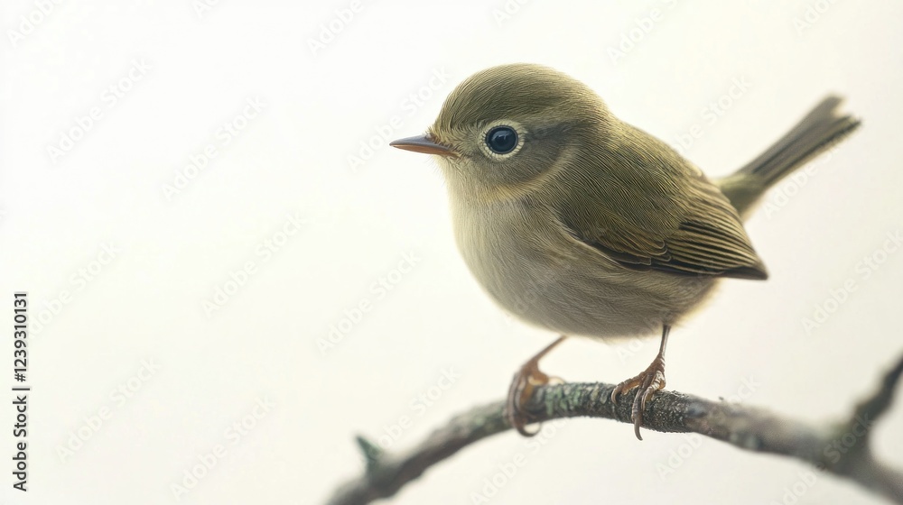 Fototapeta premium Small bird perched on branch, white background, nature scene, wildlife photography