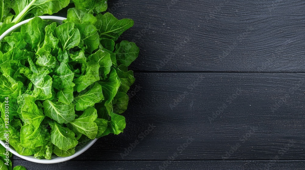 Fototapeta premium Fresh green lettuce in bowl, wood background, healthy food, recipe