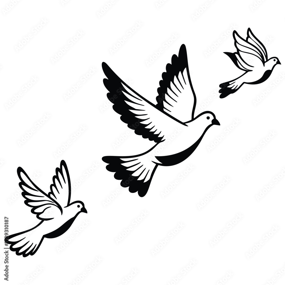 Fototapeta premium A vector graphic showcasing three stylized pigeons in flight against a plain white background