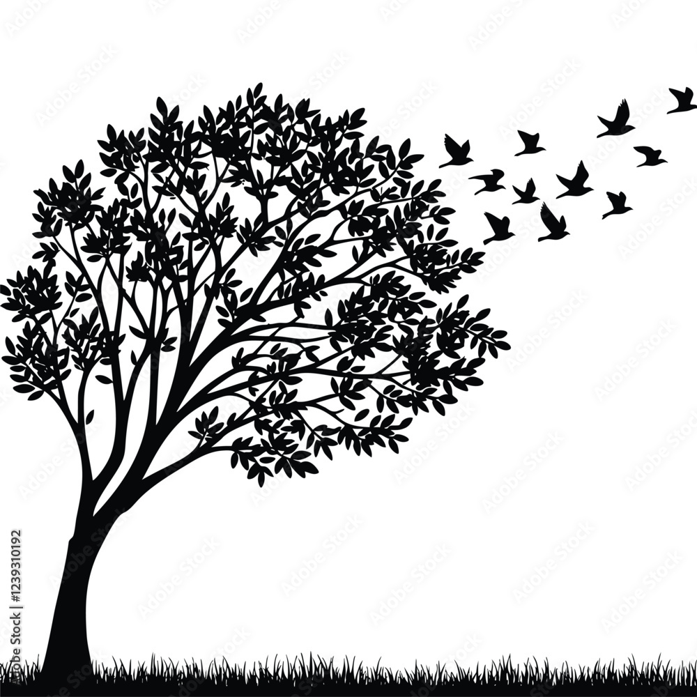 A striking silhouette of a leaning tree against a plain white background A striking silhouette of a leaning tree against a plain white background