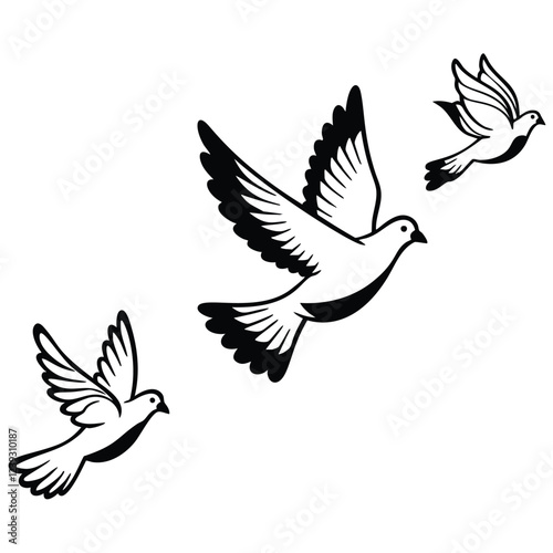 A vector graphic showcasing three stylized pigeons in flight against a plain white background