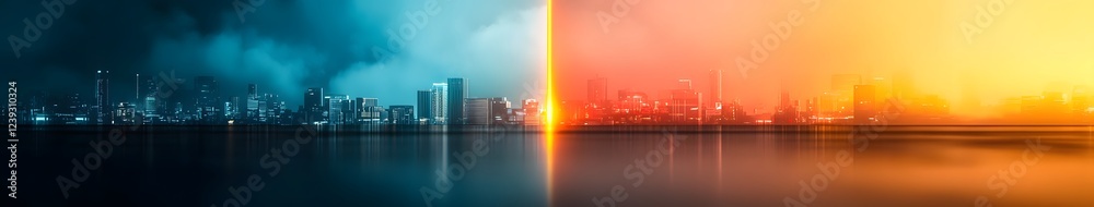 Minimalist dark futuristic wallpaper with a glowing neon cityscape on both sides and an empty space in the center creating a cyberpunk style scene