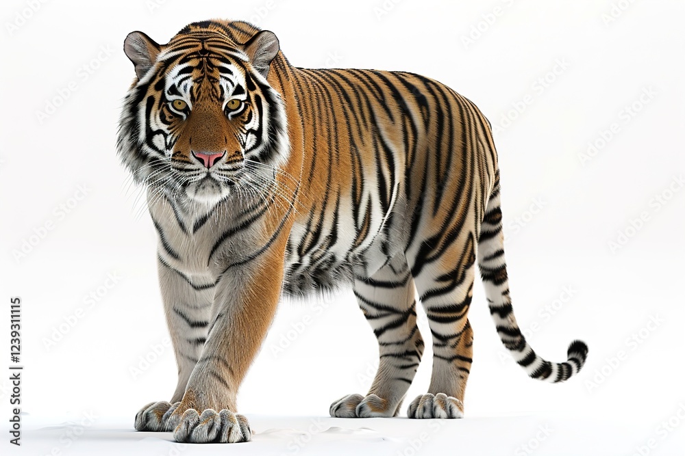 Obraz premium Majestic tiger walking confidently on a white background in natural detail