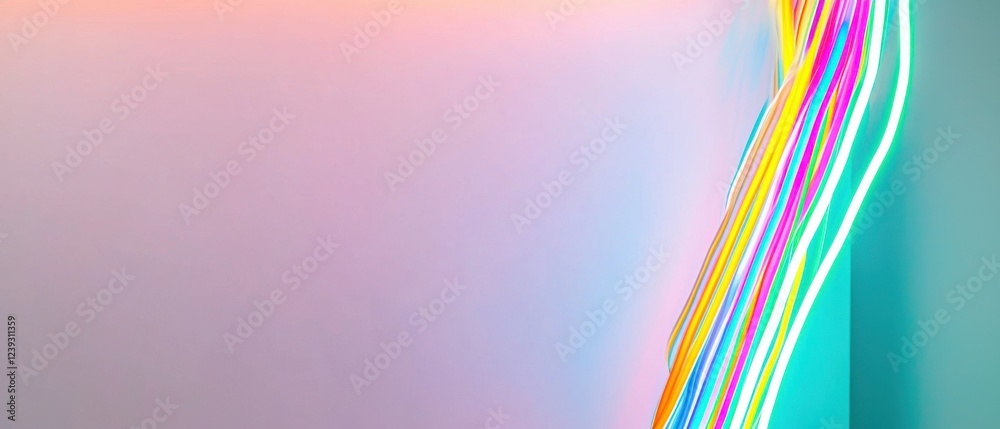 Vibrant rainbow neon lights create a dynamic, colorful abstract art piece against a soft pastel background. The interplay of light and color evokes a joyful and energetic mood. Vibrant rainbow neon lights create a dynamic, colorful abstract art piece against a soft pastel background. The interplay of light and color evokes a joyful and energetic mood.