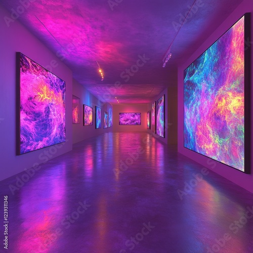 Vivid abstract art gallery with illuminated colorful displays