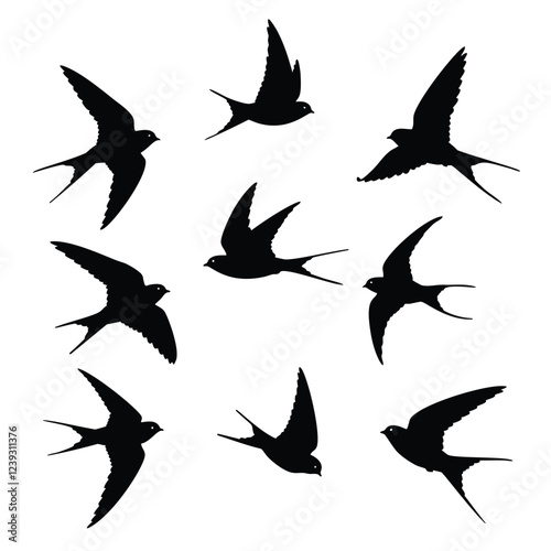 A collection of black silhouette illustrations of swallows in various flight positions against a pure white background