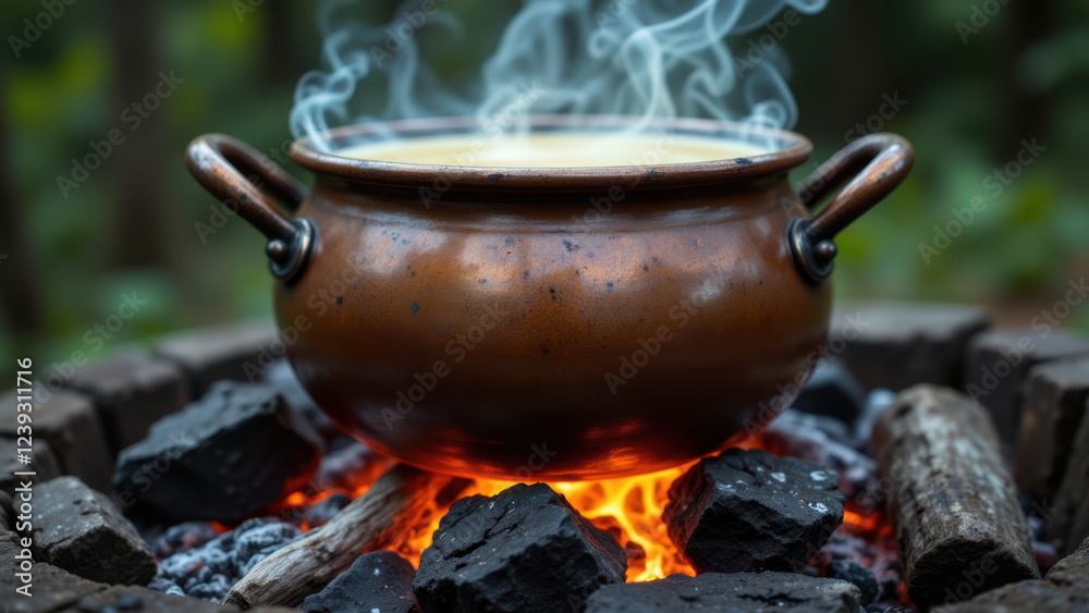 A pot with boiling liquid over a fire, suggesting outdoor cooking. A pot with boiling liquid over a fire, suggesting outdoor cooking.
