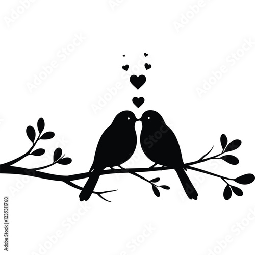 A simple, elegant black and white illustration of two birds gently touching beaks, symbolizing love and affection