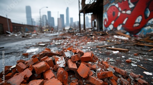 An immersive view of scattered bricks on an urban street, highlighting themes of decay, resilience, and the beauty amidst an environment of urban change and abandonment. photo