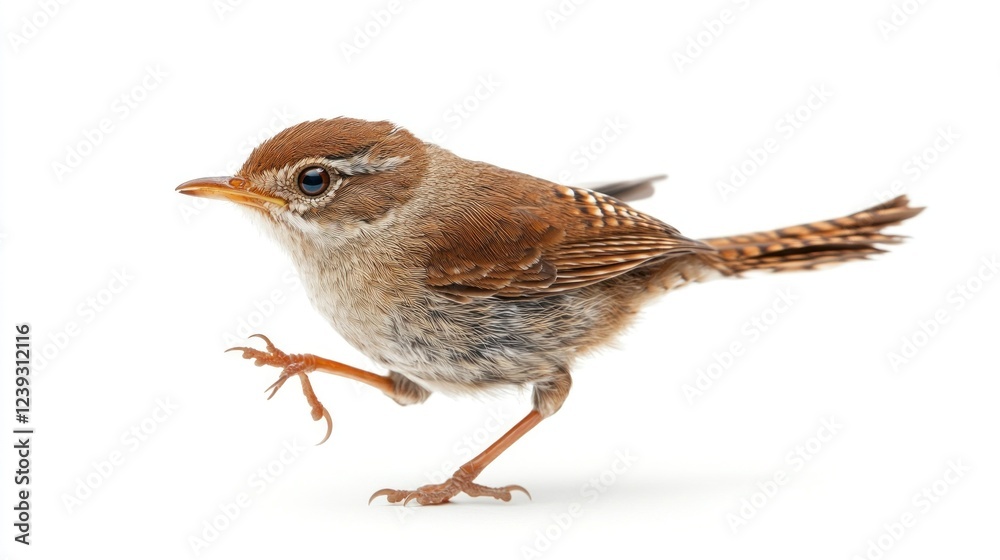 Fototapeta premium Small brown bird walking, white background, wildlife photography, nature stock image