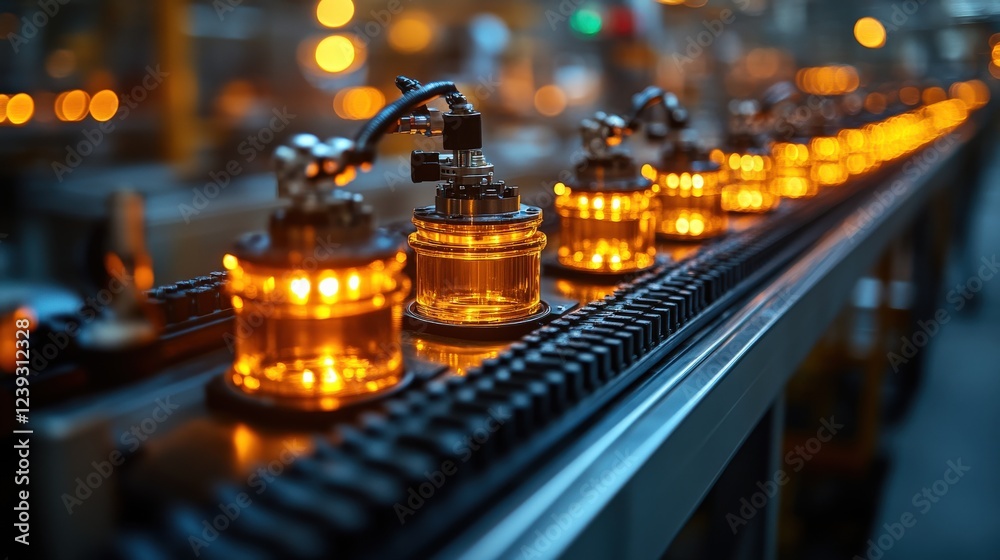 Industrial assembly line showcasing glowing glass containers in a bustling factory setting Industrial assembly line showcasing glowing glass containers in a bustling factory setting