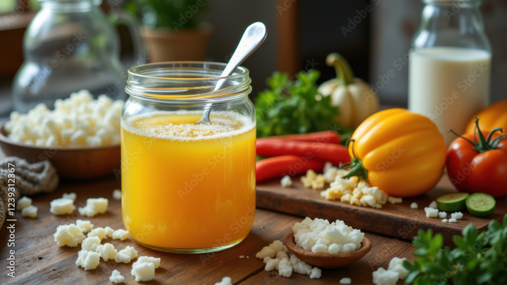 A jar of golden liquid is surrounded by fresh ingredients like tomatoes, cheese, and herbs, hinting at a delicious homemade soup or sauce. A jar of golden liquid is surrounded by fresh ingredients like tomatoes, cheese, and herbs, hinting at a delicious homemade soup or sauce.