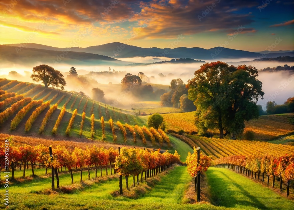 Naklejka premium Vintage Yarra Valley Vineyard Fog: Misty Morning Rolling Hills, Early Dawn, Australia