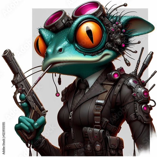 Anthropomorphic frog furious cypherpunk frog agent photo