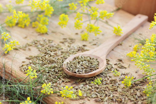 Fennel seed in wooden spoon on kitchen background with fresh flowers nearby, copy space, natural medicine, drink for breast milk production, sleep and stress care concept