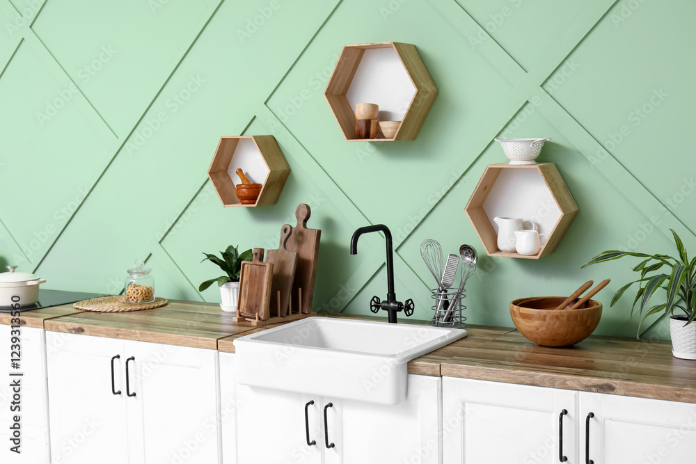 Fototapeta premium Interior of modern comfortable kitchen, closeup