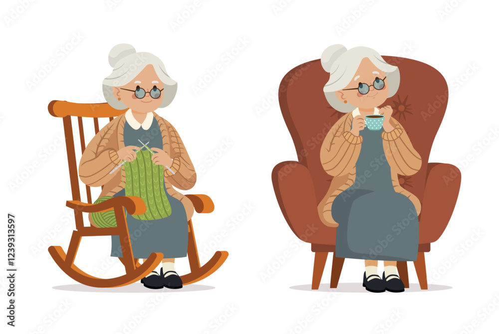 Cute cartoon grandma in a rocking chair knitting. Grandma drinking tea sitting in a chair