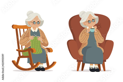 Cute cartoon grandma in a rocking chair knitting. Grandma drinking tea sitting in a chair
