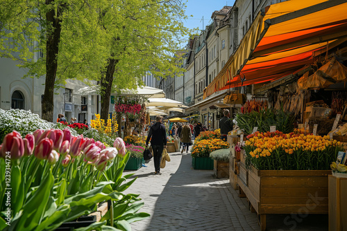 Spring market in the city square, vibrant stalls filled with fresh flowers and local produce.