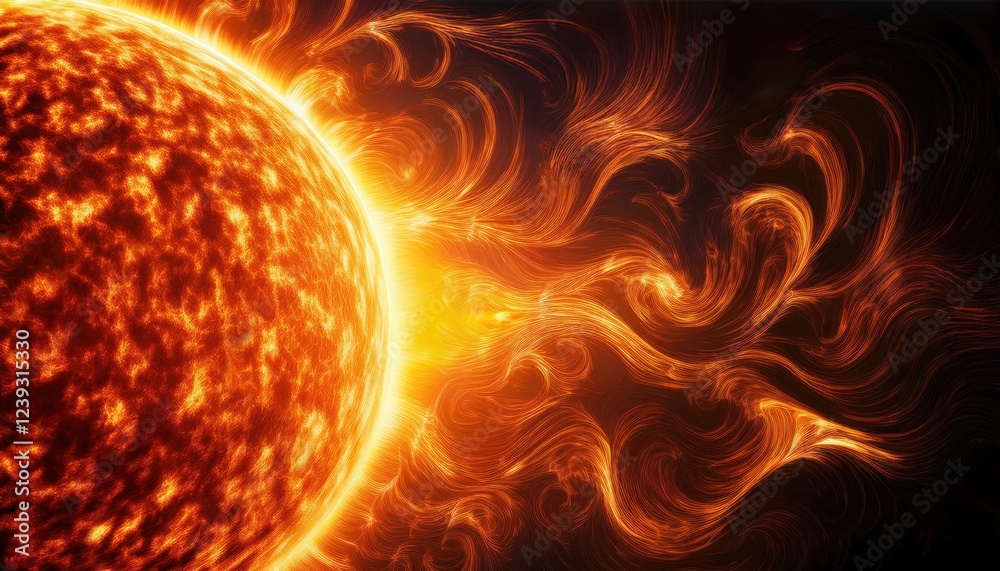 Fototapeta premium A detailed artistic depiction of the sun's fiery surface with swirling solar flares and plasma waves in space