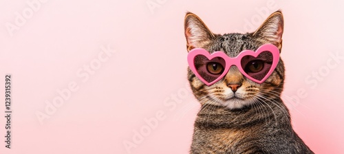 Wallpaper Mural A stylish tabby cat wearing pink heart-shaped sunglasses sits confidently against a soft pastel pink background. Ideal for Valentine's Day and pet-themed designs Torontodigital.ca