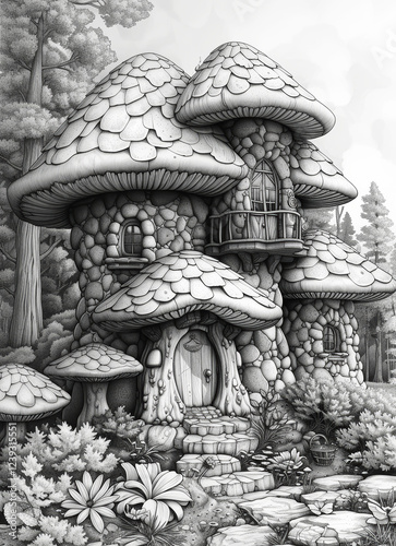 A black and white illustration depicts a whimsical mushroom house nestled in a forest setting, coloring.