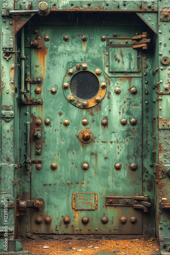 Rusty green metal door with round porthole and rivets in an industrial setting. Close-up architectural detail of an aged iron structure.