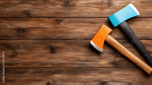 A compelling image showcasing two colorful axes positioned creatively on a wooden surface, reflecting craftsmanship, color contrast, and a sense of adventure in nature.