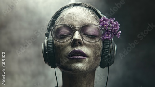 A captivating artistic portrait of a person adorned with headphones and flowers, evoking a sense of calm and introspection, set in a soft, moody environment. photo