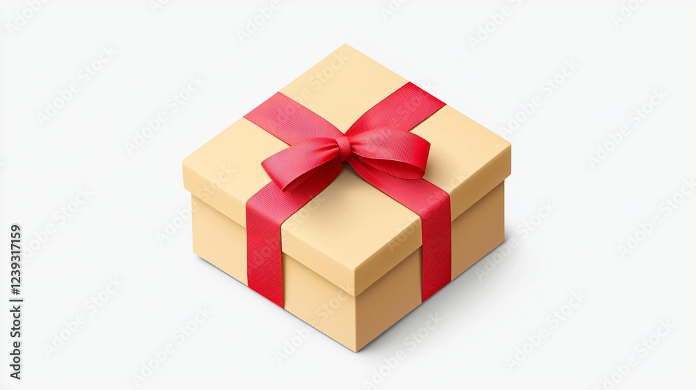 Square gift box, red ribbon, white background, present Square gift box, red ribbon, white background, present