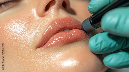 An intimate view of a lip treatment procedure using a micro-needling device to enhance fullness and texture, showcasing beauty technology.