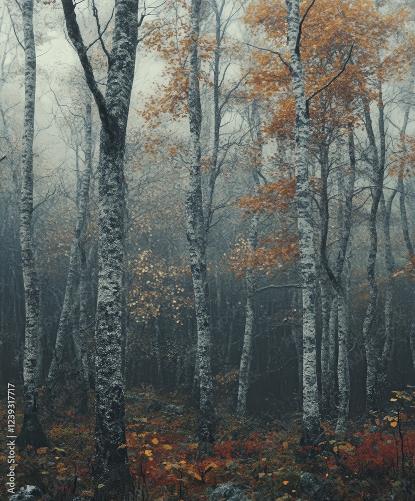 Autumn hues fill the foggy forest with vibrant colors Autumn hues fill the foggy forest with vibrant colors