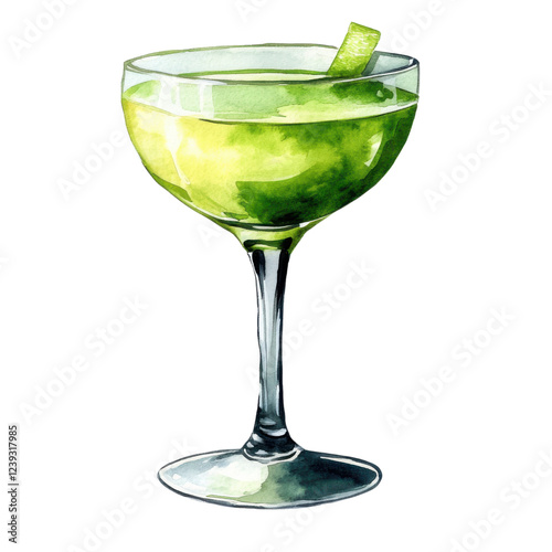 A vibrant cocktail served in a classic glass, garnished with a slice of lime, showcasing its refreshing green hue.