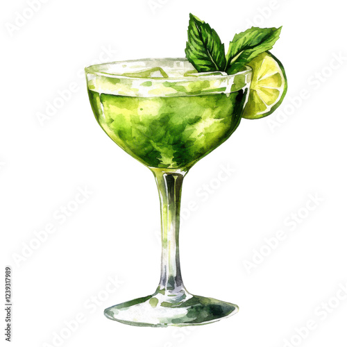 A refreshing green cocktail garnished with mint and lime in an elegant glass.