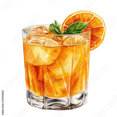 A vibrant drink with ice, garnished with a slice of orange and a sprig of mint, served in a clear glass.