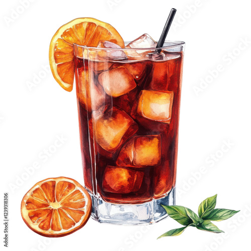 A refreshing iced beverage with ice cubes, garnished with a slice of orange and mint leaves, served in a clear glass.