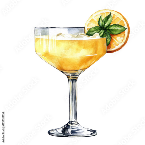 A vibrant cocktail served in a stemmed glass, adorned with a slice of orange and fresh mint leaves.