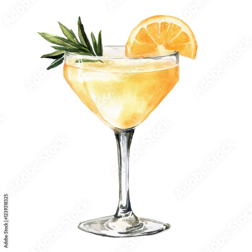 A vibrant cocktail garnished with a slice of orange and green leaves, served in an elegant glass.