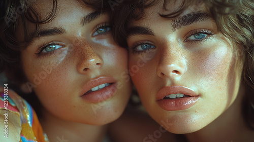 Close-up portrait of two women with vibrant hairstyles, embracing lgbt diversity photo