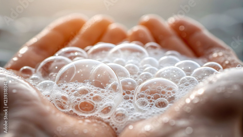 Close-up action of antibacterial soap bubbles clean hands hygiene importance bright environment personal health focus photo