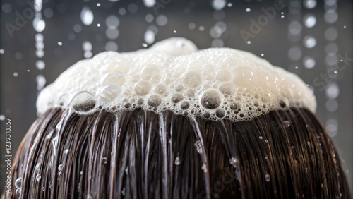 Refreshing hygiene routine close-up of shampoo bubbles on wet hair in a relaxing shower environment