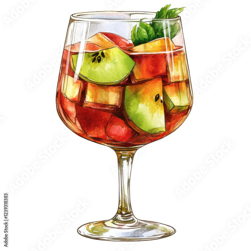 A colorful fruit cocktail in a glass, featuring chunks of apple and other fruits, garnished with mint leaves.