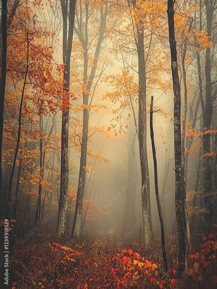 Obraz premium Golden autumn leaves in a misty forest landscape